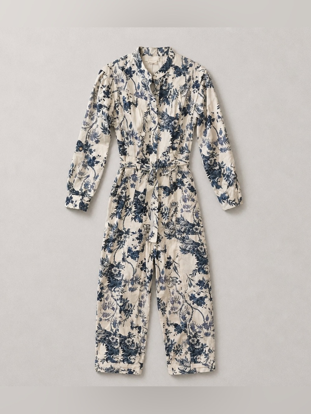 Anthropologie Cream Jumpsuit with Navy Floral Print